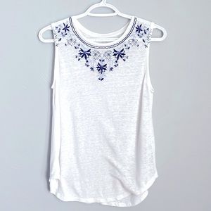 OLD NAVY White Sheer Top with Blue Embroidery Sleeveless
